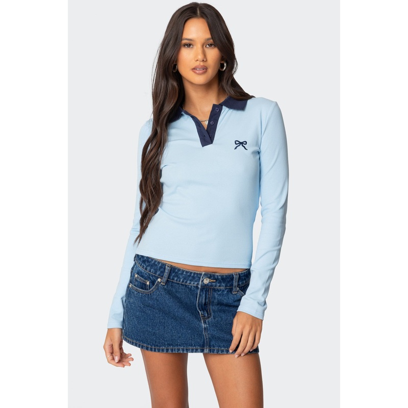 Contrast Bow Polo Top LIGHT BLUE XS