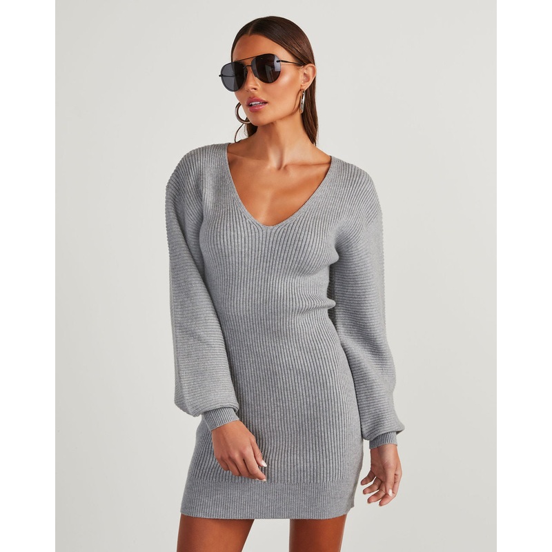 Fall Is Mine Ribbed Mini Sweater Dress Grey XS