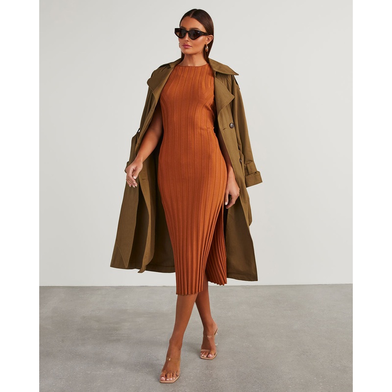 Huston Sleeveless Pleated Knit Midi Dress Rust S