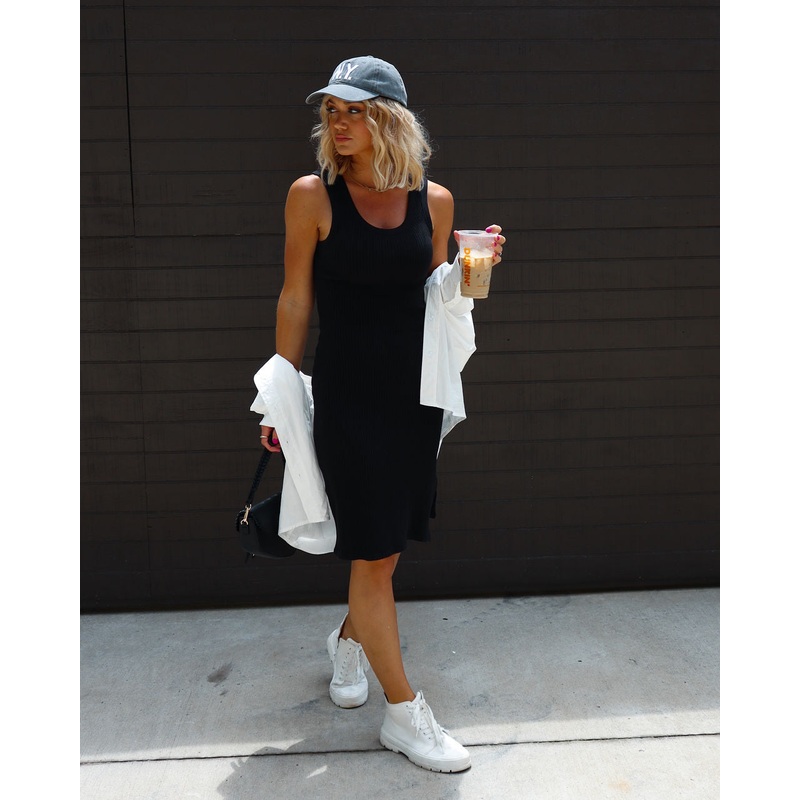 Lorena Cotton Blend Ribbed Side Slit Midi Dress Black S