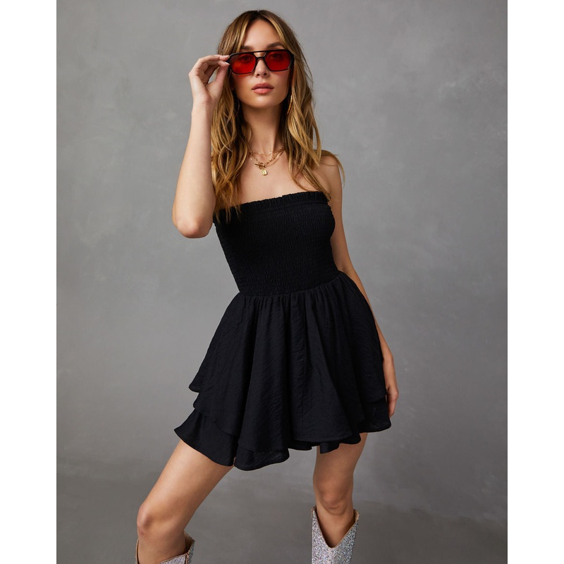 Mariam Smocked Strapless Flutter Romper Black XS