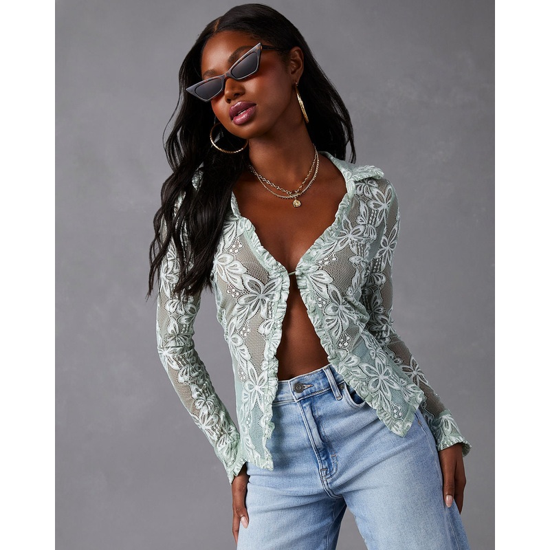 Mystine Lace Floral Long Sleeve Top Green XS