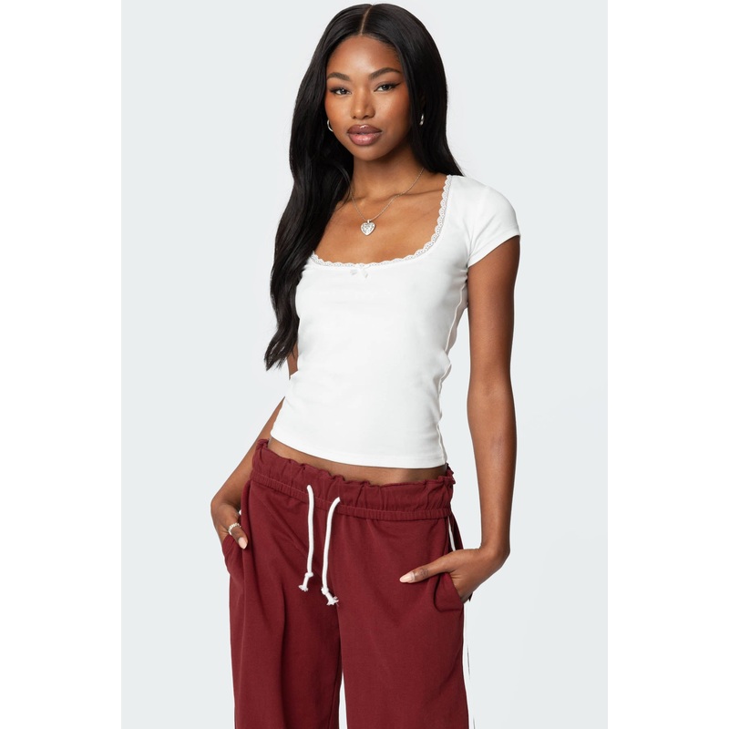 Priscilla Lace Trim T Shirt WHITE XS