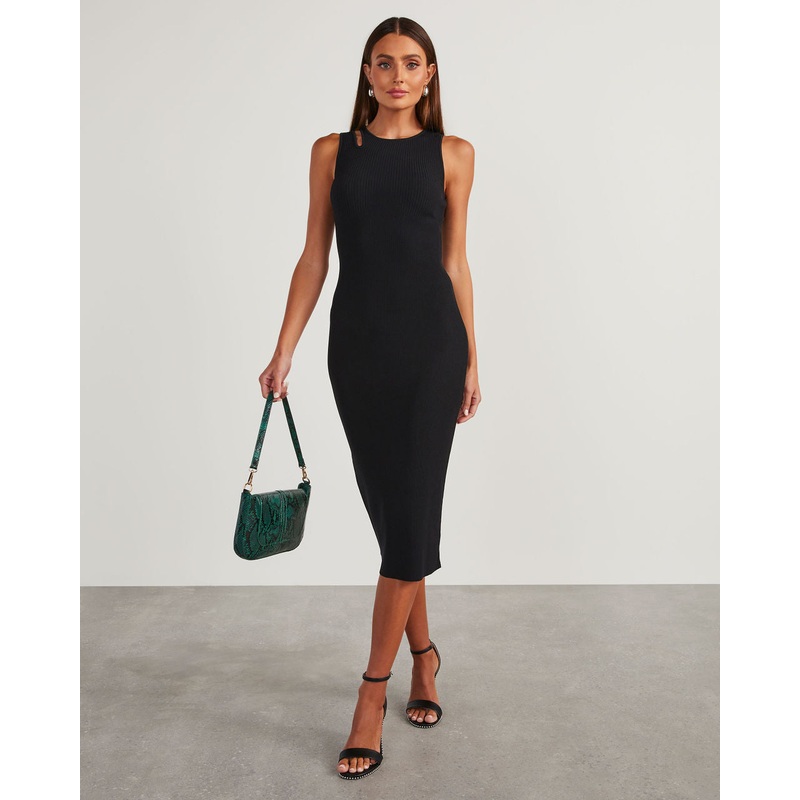 Tempted Shoulder Cutout Midi Dress Black S