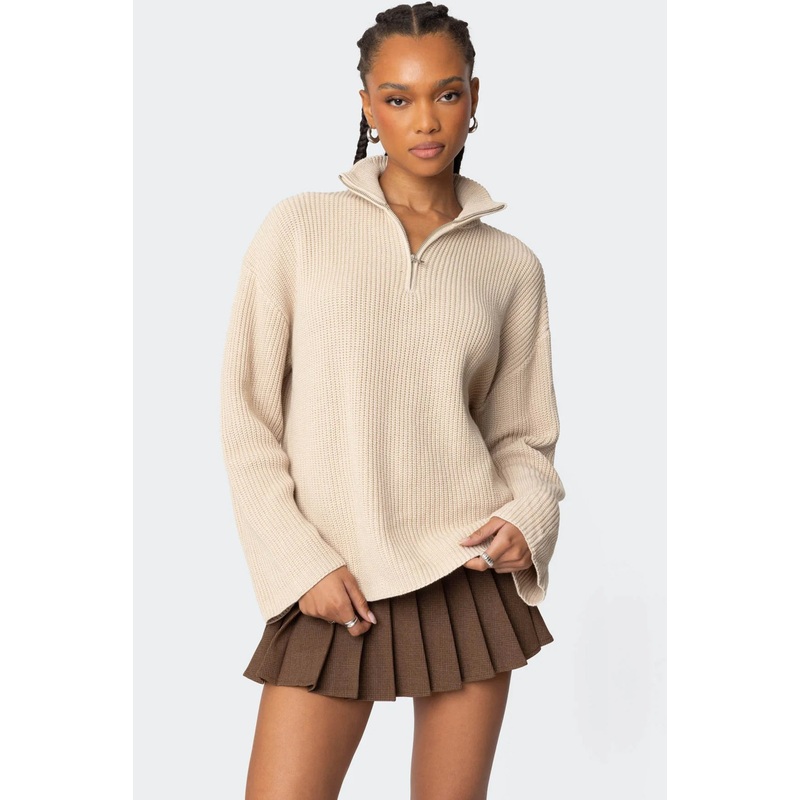 Amour High Neck Oversized Zip Sweater BEIGE XS