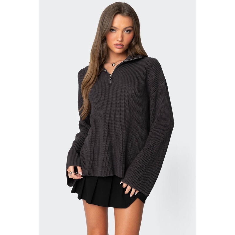 Amour High Neck Oversized Zip Sweater DARK GRAY XS