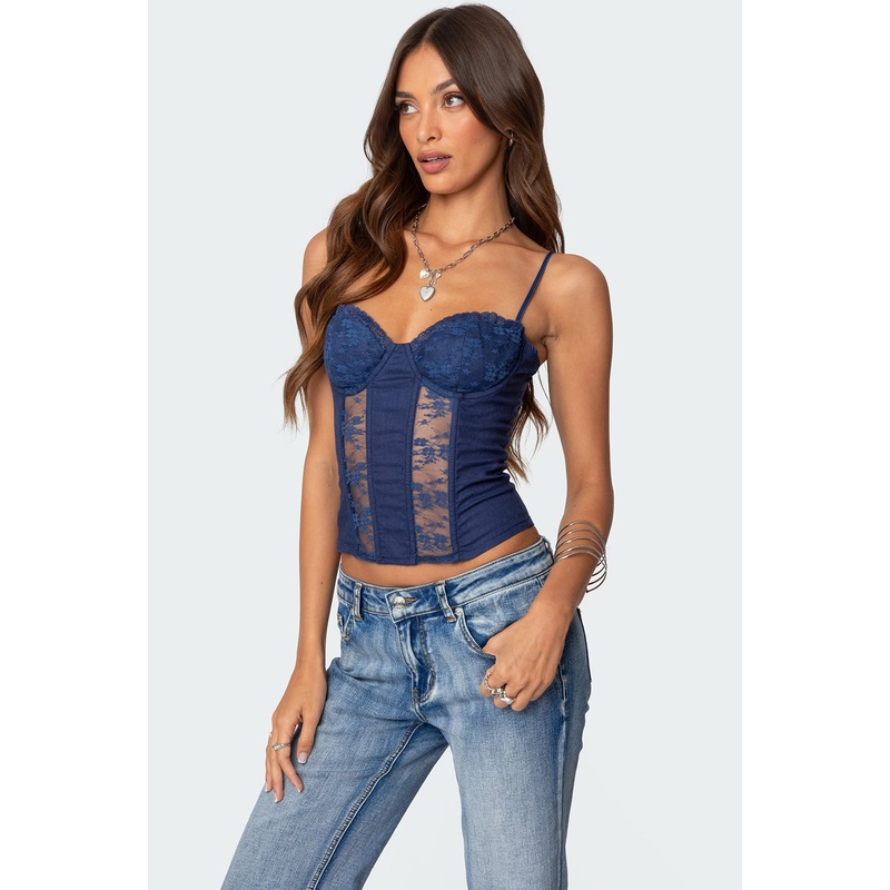Avena Linen Look Lacey Corset NAVY XS