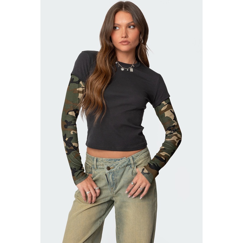 Camo Layered Long Sleeve T Shirt DARK GRAY XS