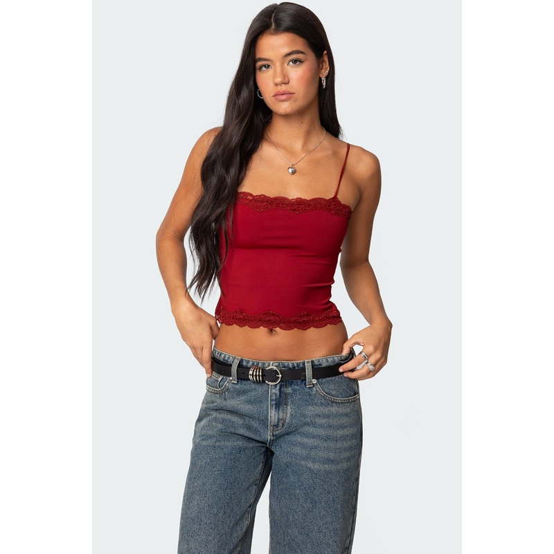 Cruella Lace Trim Tank Top BURGUNDY XS