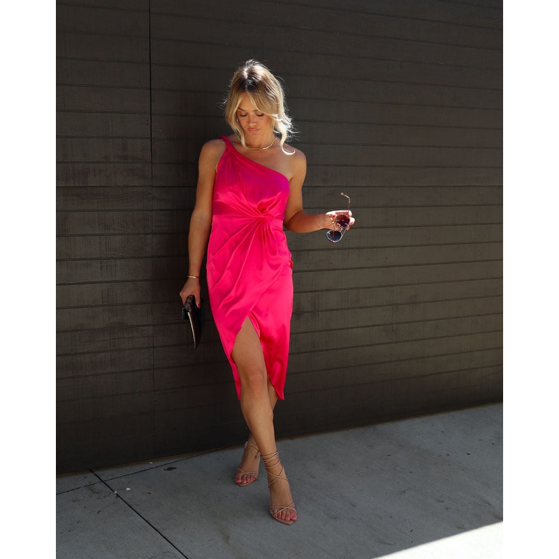 Dyanna Satin One Shoulder Drape Midi Dress Hot Pink S