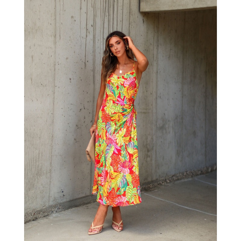 Eliana Cutout Tropical Slip Midi Dress Orange/ Multi S