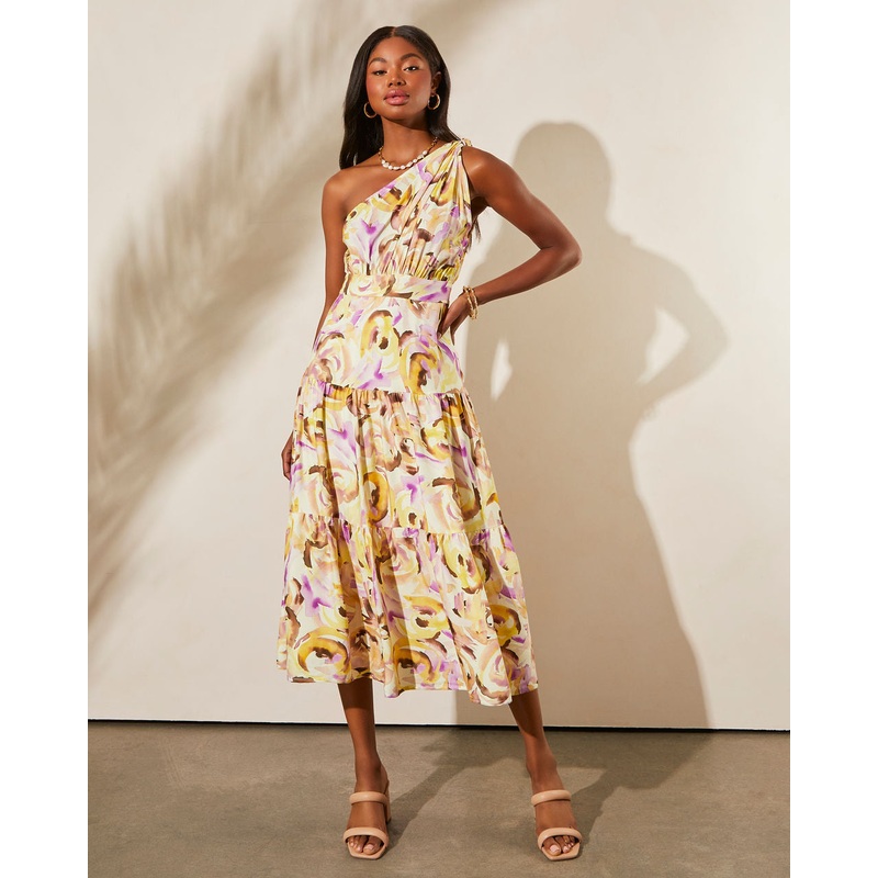 Isidore One Shoulder Tiered Midi Dress Yellow/Multi XS