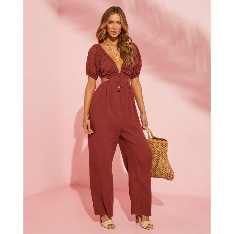 Jhene Cutout Short Sleeve Jumpsuit Brown S