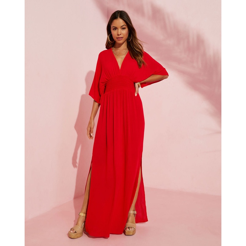 Kimona Smocked Kimono Maxi Dress Red S/M