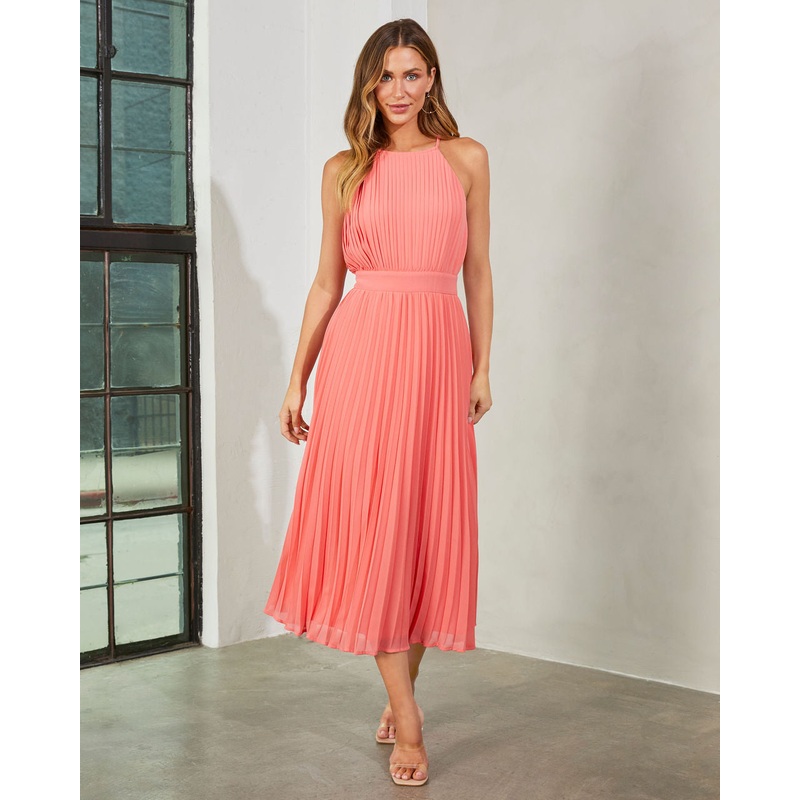 Liamara Pleated Halter Midi Dress Coral S