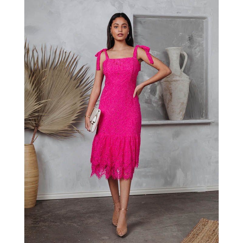 Miami High Tea Lace Midi Dress Hot Pink XS