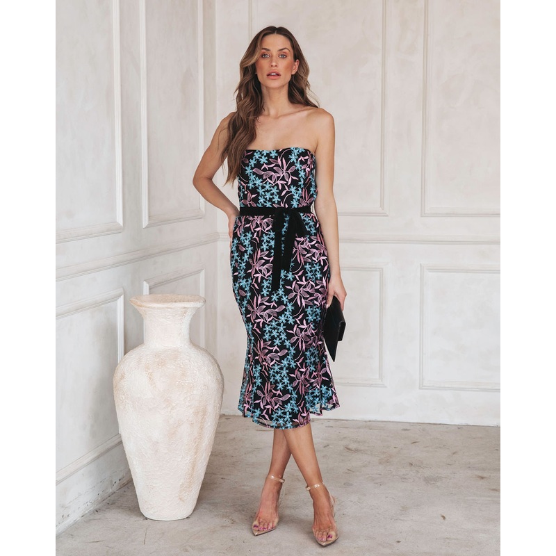 Midnight Paradise Strapless Floral Embroidered Midi Dress Aqua XS