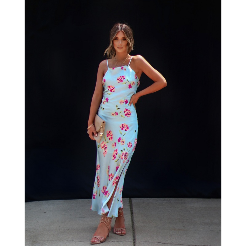 Monae Floral Asymmetrical Neck Midi Dress Blue XS