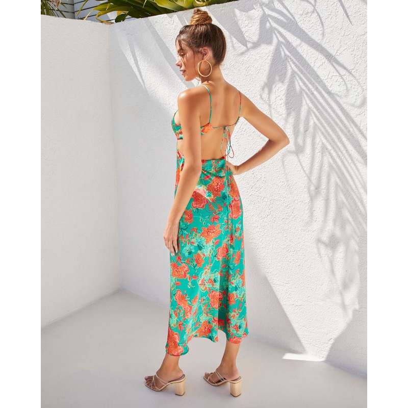 Renelle Satin Cutout Midi Dress Red/Green XS