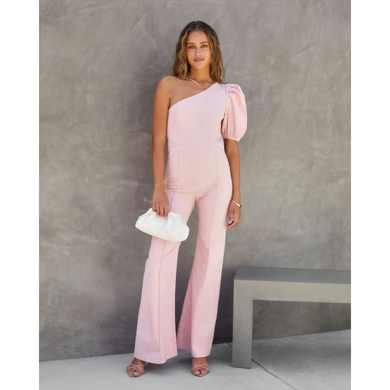 Robynn Cotton One Shoulder Flare Jumpsuit Pink XS