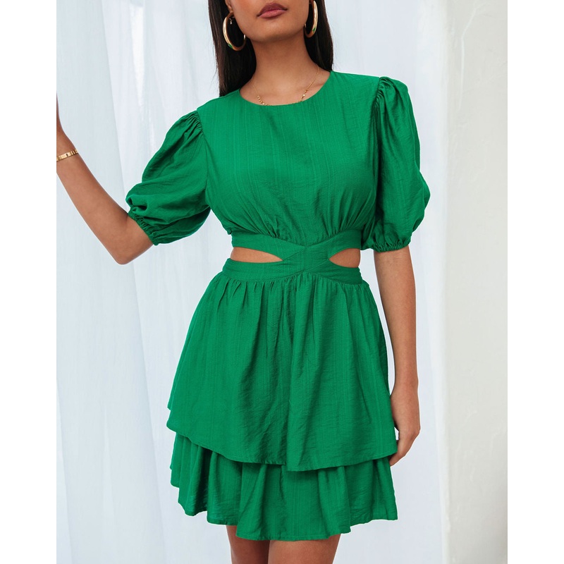 Roselynn Side Cutout Tiered Mini Dress Green XS