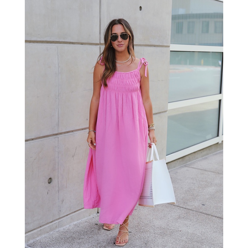 Sophie Cotton Smocked Pocketed Maxi Dress Bubble Gum Pink XS