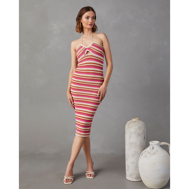 Starlit Nights Knit Halter Midi Dress Red/Cream S