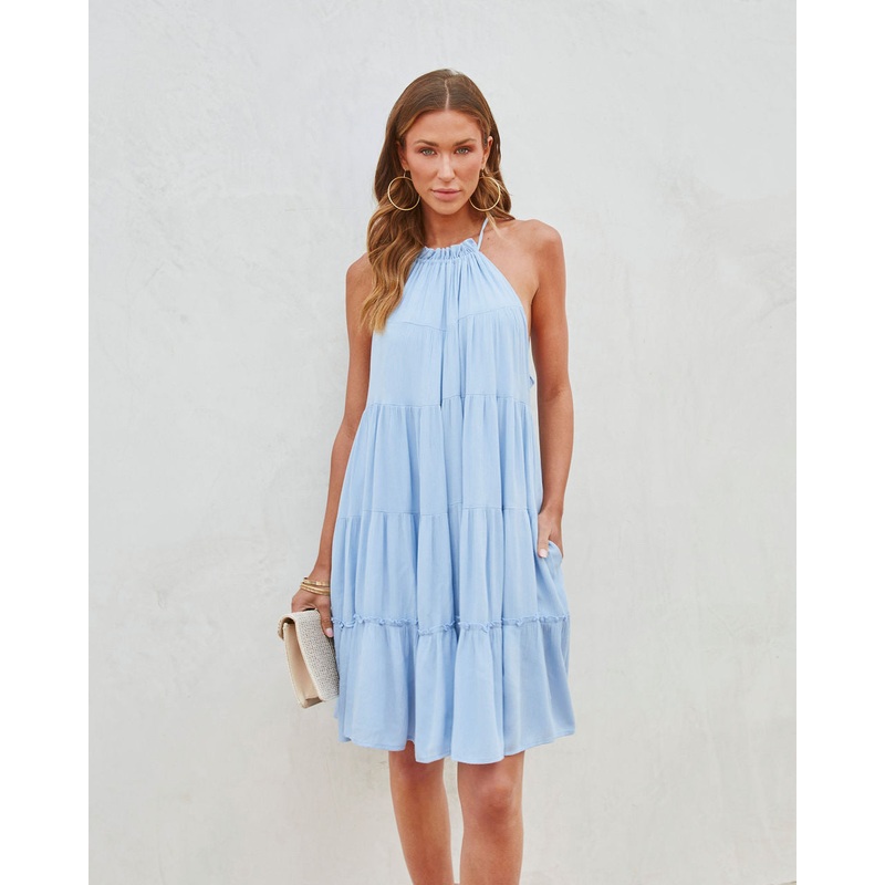 Thea Halter Tiered Mini Dress Light Blue S