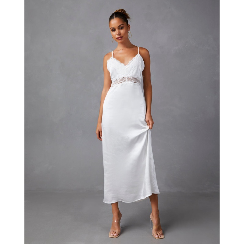 Therese Satin Lace Midi Dress White XS