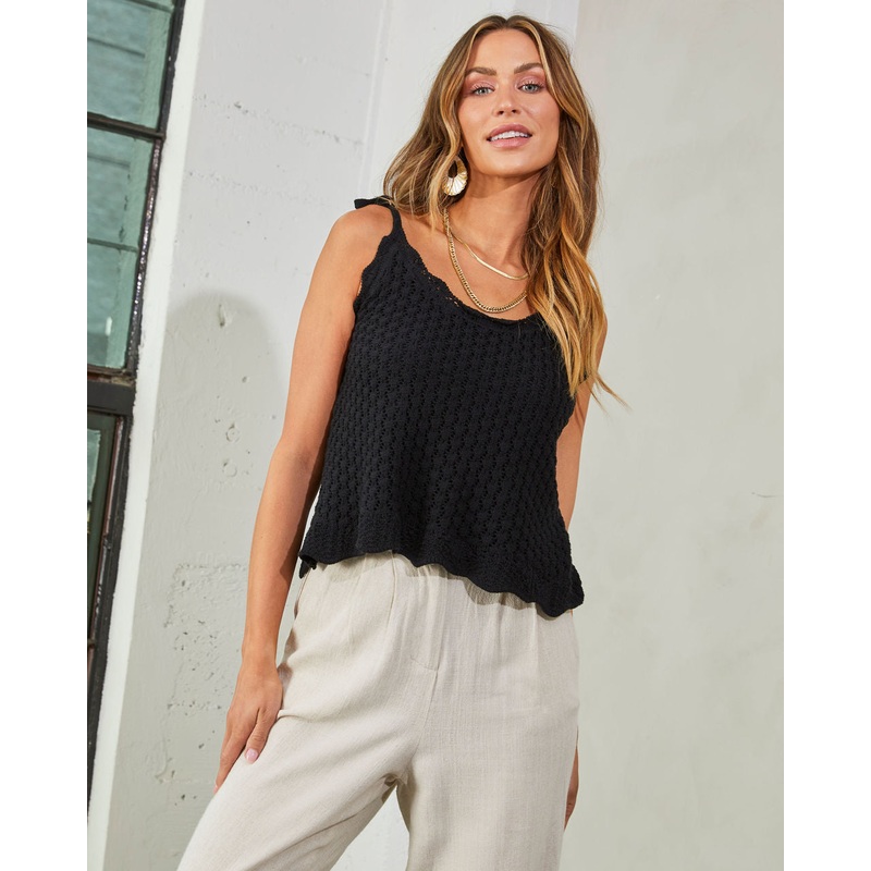 Alisa Cotton Shoulder Tie Crop Top Black S