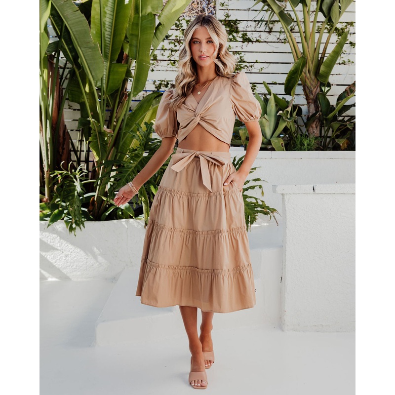 Carlena Pocketed Tiered Midi Skirt Tan XS