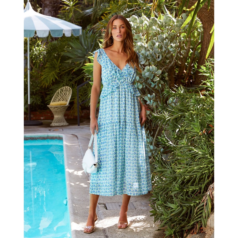 Iris Floral Ruffle Midi Dress Blue XS