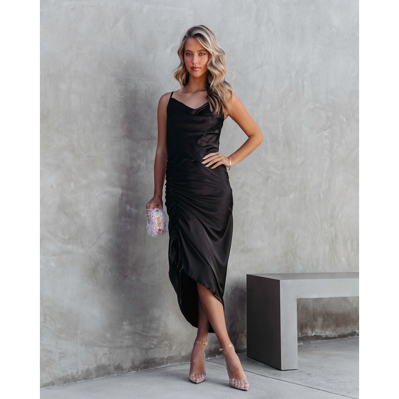 Juliana Satin Cowl Neck Ruched Asymmetrical Maxi Dress Black S