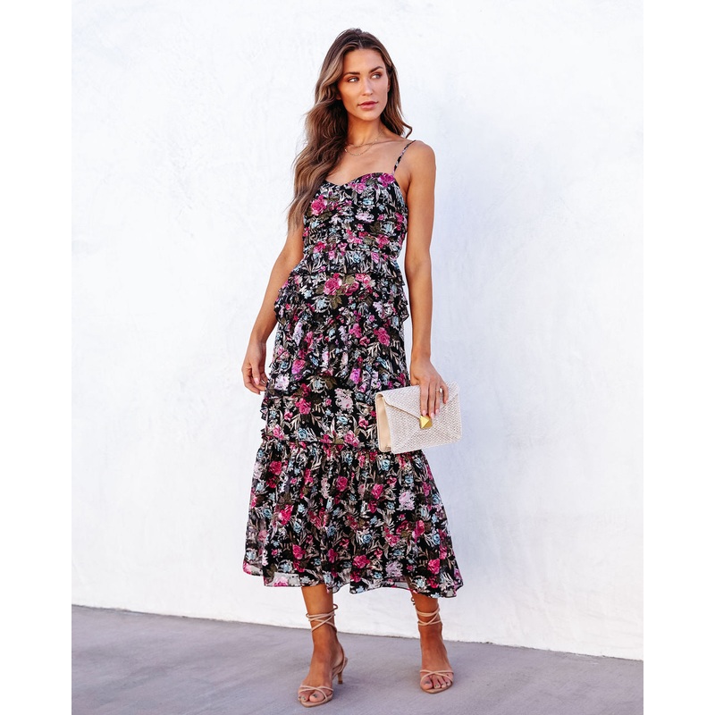 Kaycee Floral Tiered Midi Dress Black Multi XS