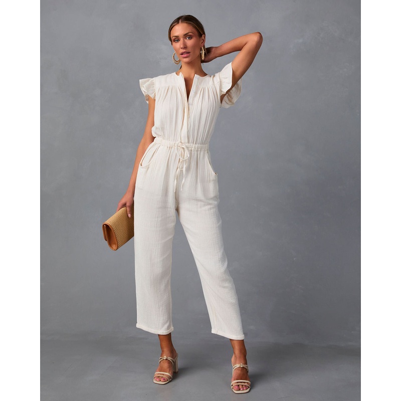 Loyal Pocketed Ruffle Jumpsuit Cream S