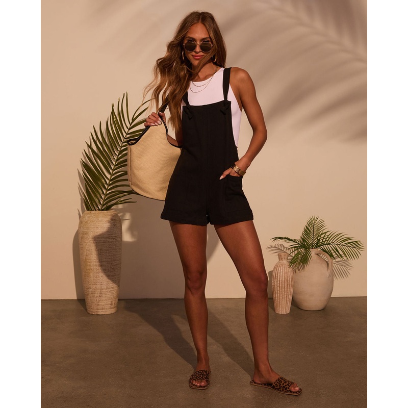 Northwest Cotton Linen Pocketed Romper Black S