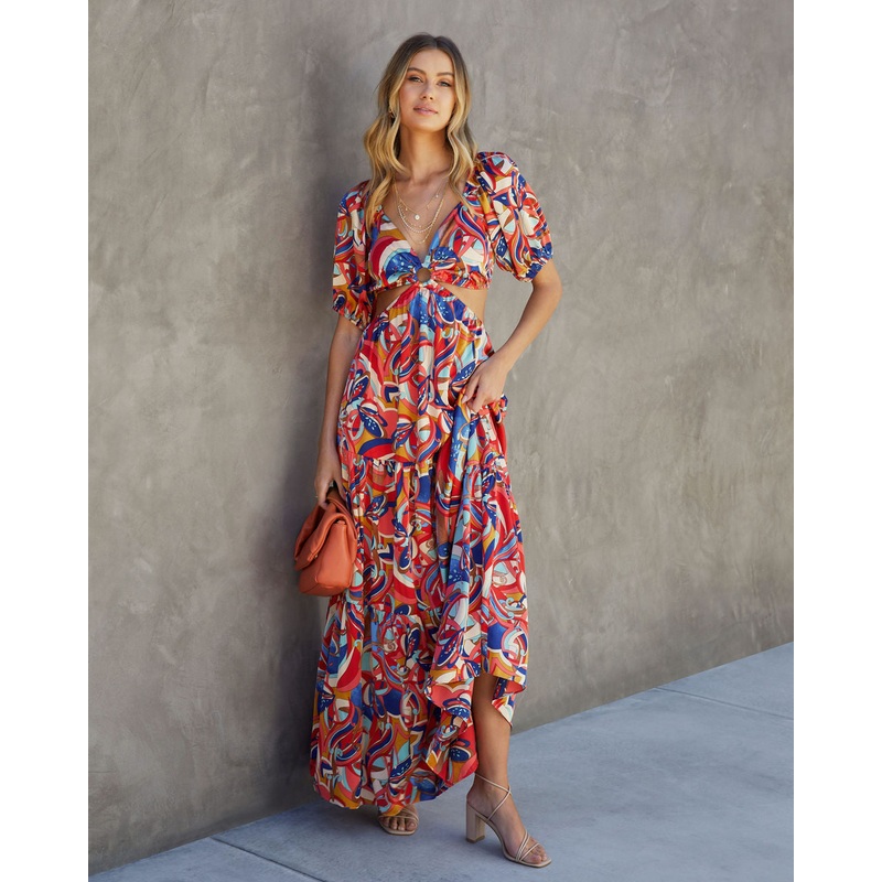 Roma Satin Printed Side Cutout Maxi Dress Multi XS