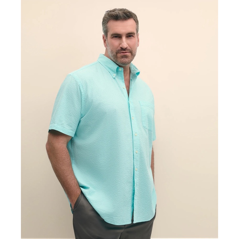Big & Tall Cotton Seersucker Polo Button-Down Collar, Short-Sleeve Shirt