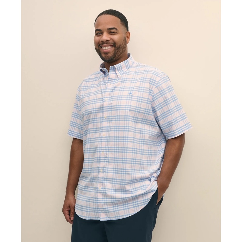 Big & Tall Stretch Cotton Non-Iron Oxford Polo Button Down Collar, Bold Check Short-Sleeve Shirt