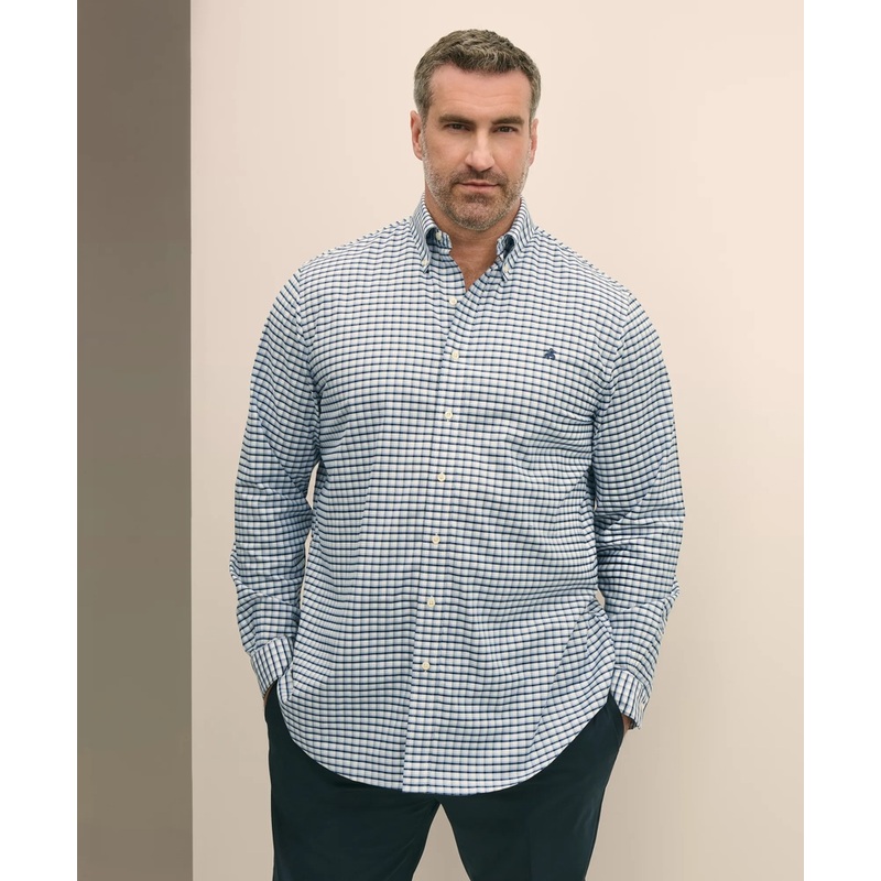 Big & Tall Stretch Cotton Non-Iron Oxford Polo Button Down Collar, Checked Shirt