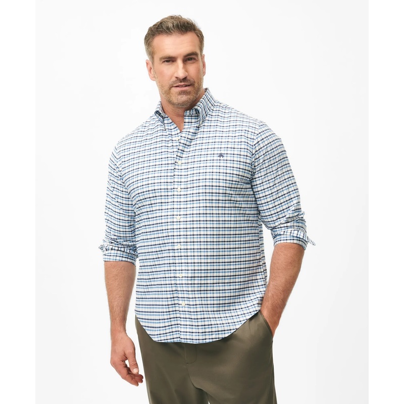 Big & Tall Stretch Cotton Non-Iron Oxford Polo Button Down Collar, Double Check Shirt