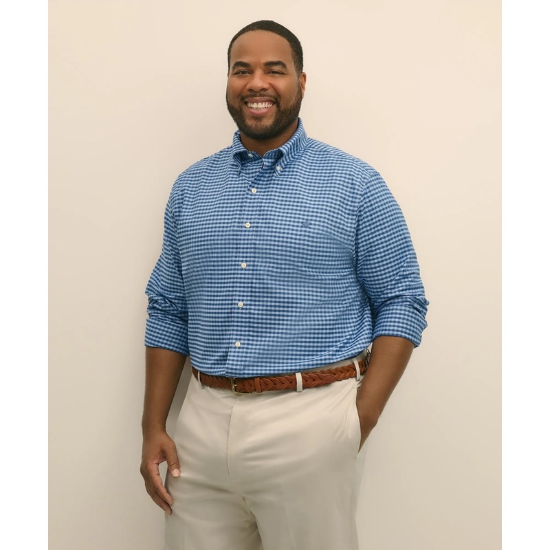 Big & Tall Stretch Cotton Non-Iron Oxford Polo Button Down Collar, Gingham Shirt