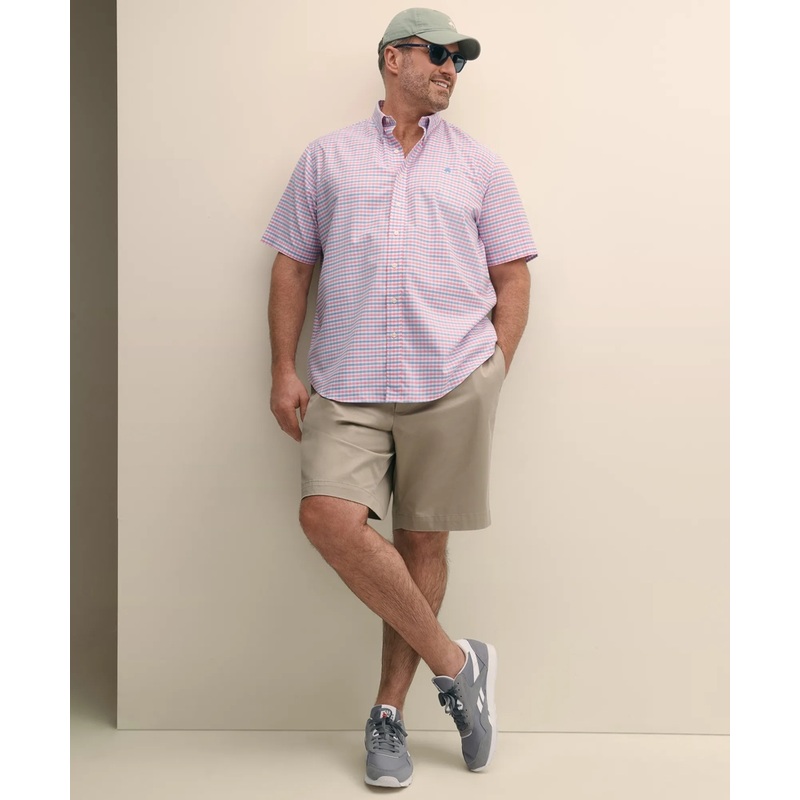 Big & Tall Stretch Cotton Non-Iron Oxford Polo Button Down Collar, Gingham Short-Sleeve Shirt