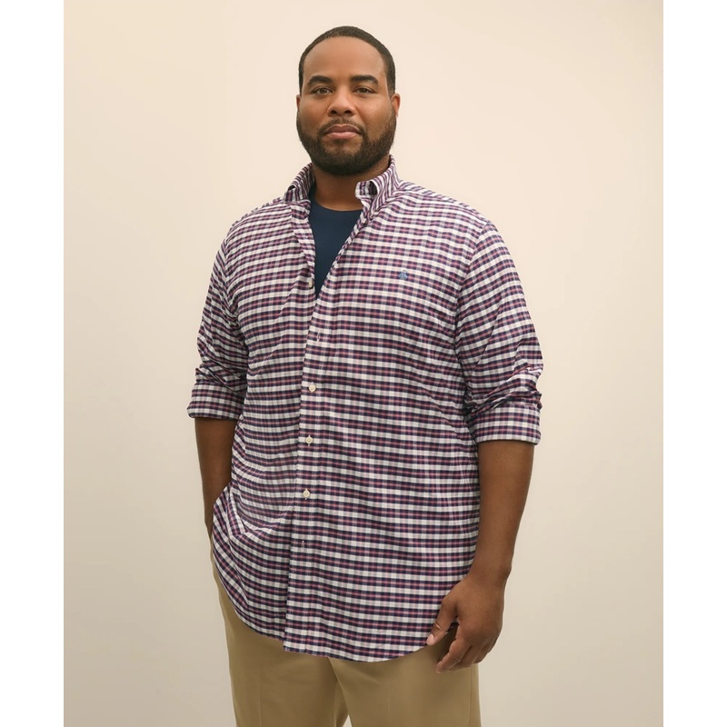 Big & Tall Stretch Cotton Non-Iron Oxford Polo Button Down Collar, Outline Check Shirt
