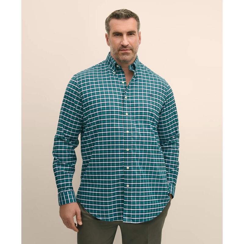 Big & Tall Stretch Cotton Non-Iron Oxford Polo Button Down Collar, Plaid Shirt