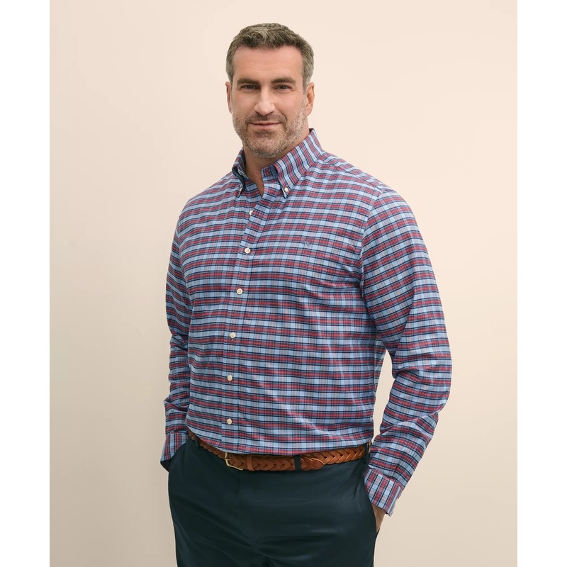 Big & Tall Stretch Cotton Non-Iron Oxford Polo Button Down Collar, Royal Stewart Tartan Shirt