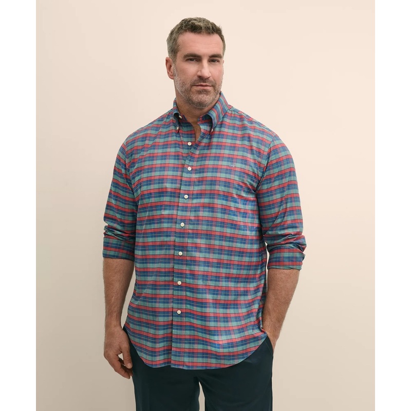 Big & Tall Stretch Cotton Non-Iron Oxford Polo Button Down Collar, Tartan Shirt