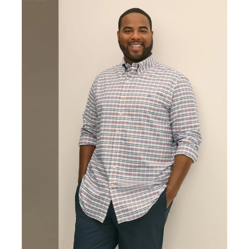 Big & Tall Stretch Cotton Non-Iron Oxford Polo Button Down Collar, Windowpane Shirt