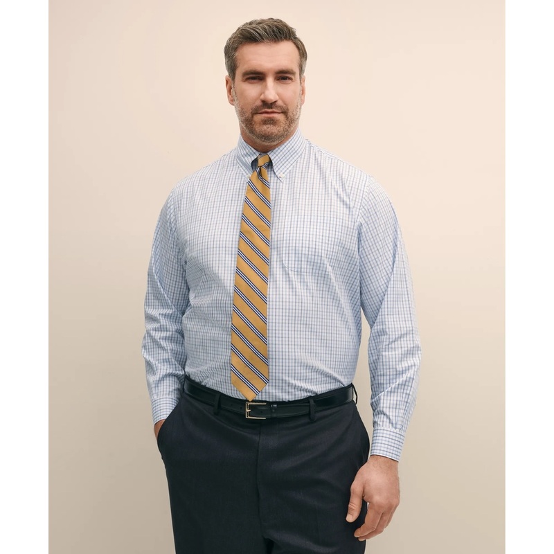 Big & Tall Stretch Cotton Non-Iron Pinpoint Polo Button Down Collar, Tattersall Dress Shirt