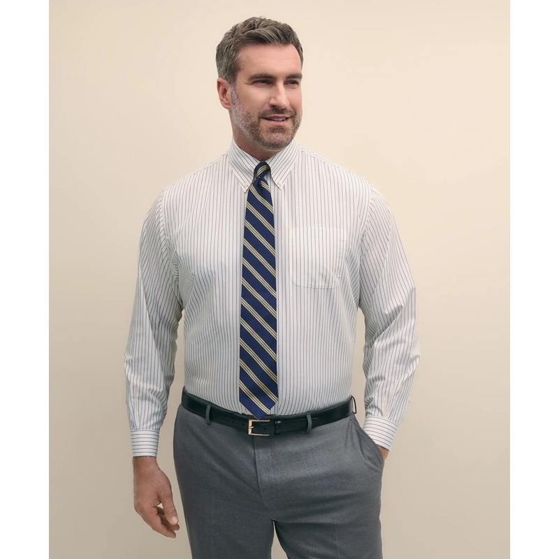 Big & Tall Stretch Cotton Non-Iron Pinpoint Polo Button Down Collar, Track Stripe Dress Shirt